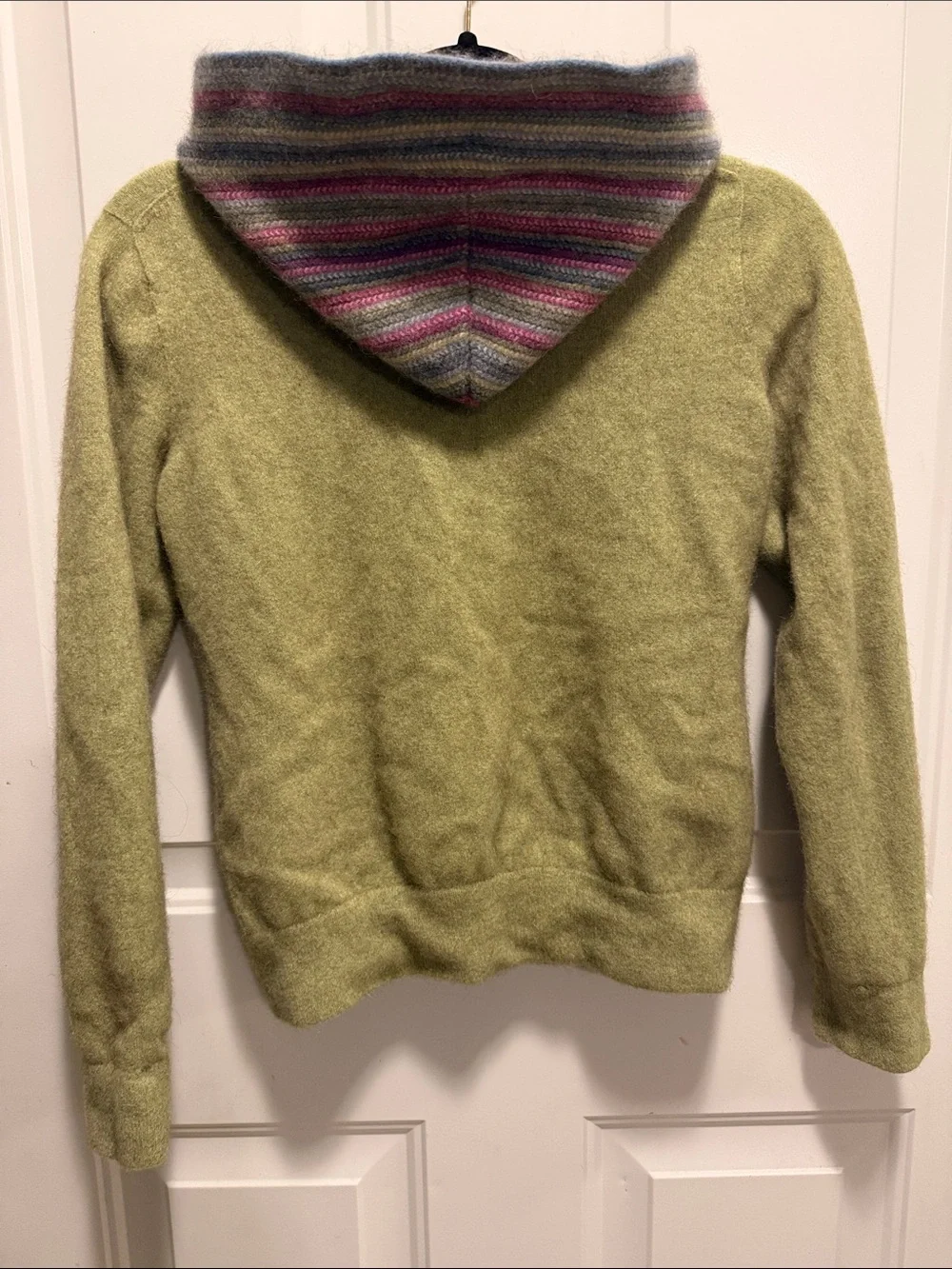 Kids' Light Green Zip Front Hoodie with Striped Hood Trim